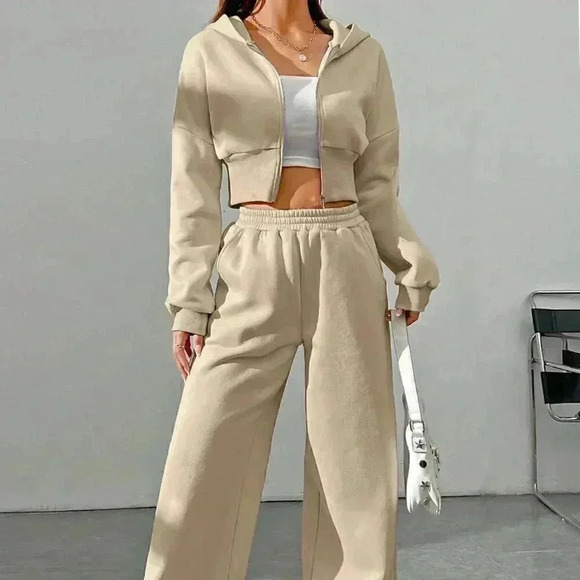 Khaki Casual Women's Zipper Front Hoodie And Pants Two Piece Set - Picture 3 of 7